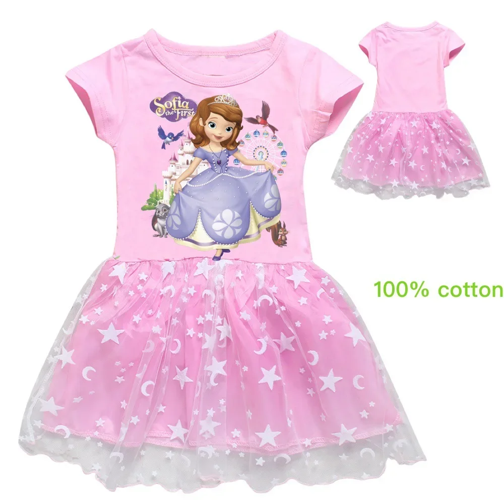 Girls Dresses Cartoon Princess Sofia the First Print Cotton Summer Dress Short Sleeve Star Moon Children Lace Christmas Costumes