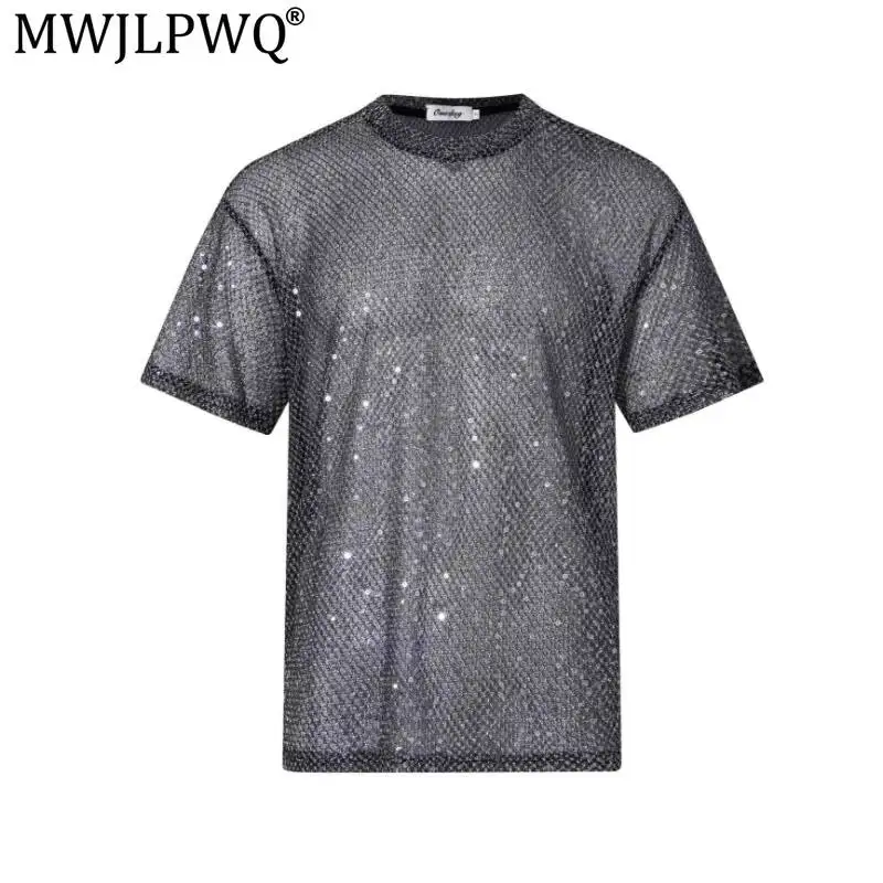 MWJLPWQ New Gold Shimmering Unique Stylish See-Through Mesh T-Shirt For Men Short-Sleeve 2026 Summer New Chic Tops 20084