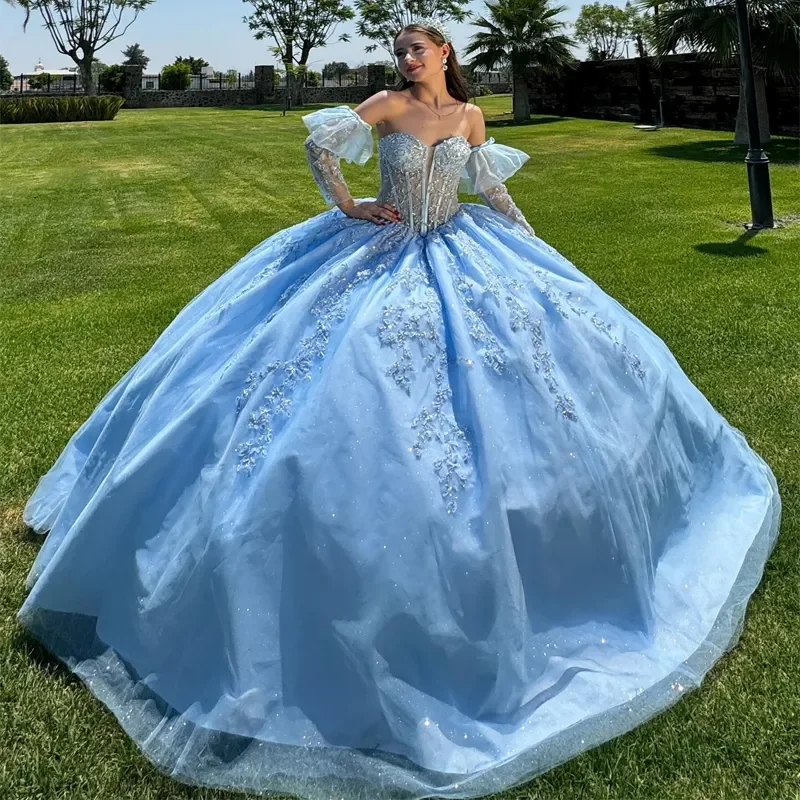 Glitter Light Blue เจ้าหญิง Quinceanera ชุดสวย Applique ประดับด้วยลูกปัดภาพลวงตา LACE-Up vestido de princesas Ball Gown ที่กําหนดเอง