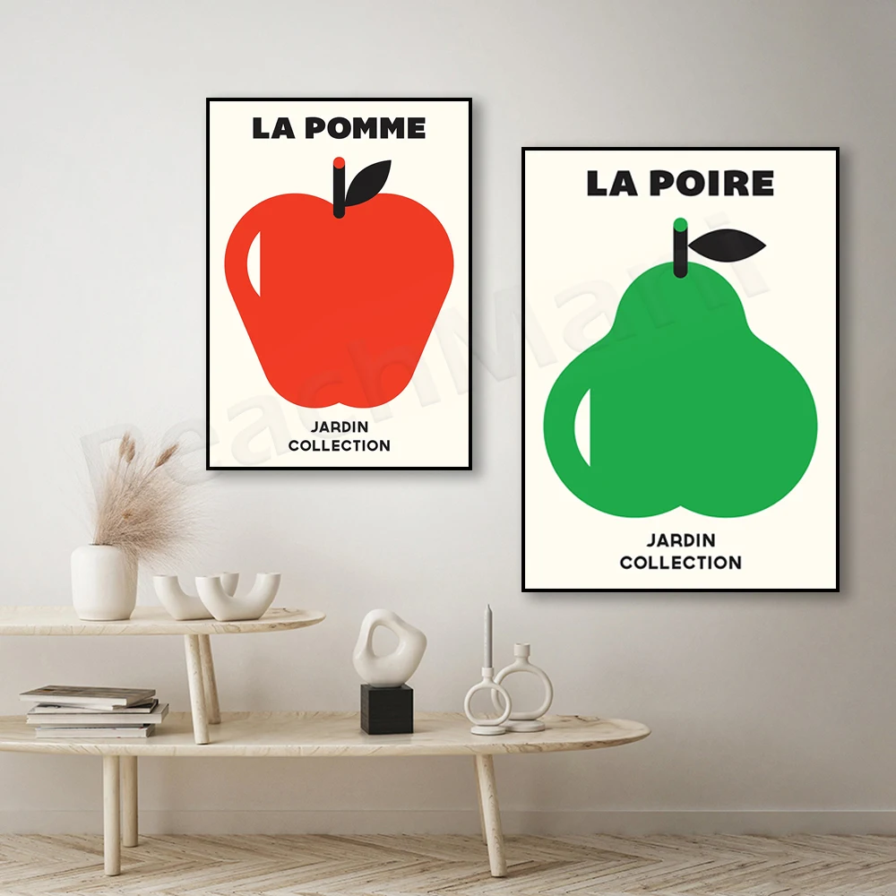 La Poire, La Pomme minimalist print, vintage fruit poster, apples, pears mid century modern print, kitchen wall decor gift