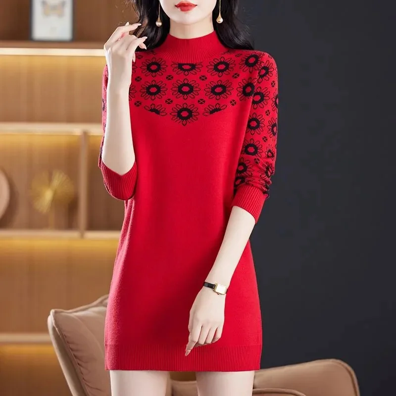 Women Jumper Wool Knitted Loose Sweater Winter Long Sleeve Print Half High Collar Thick Soft Comfort Knitwear Jumper Female Tops