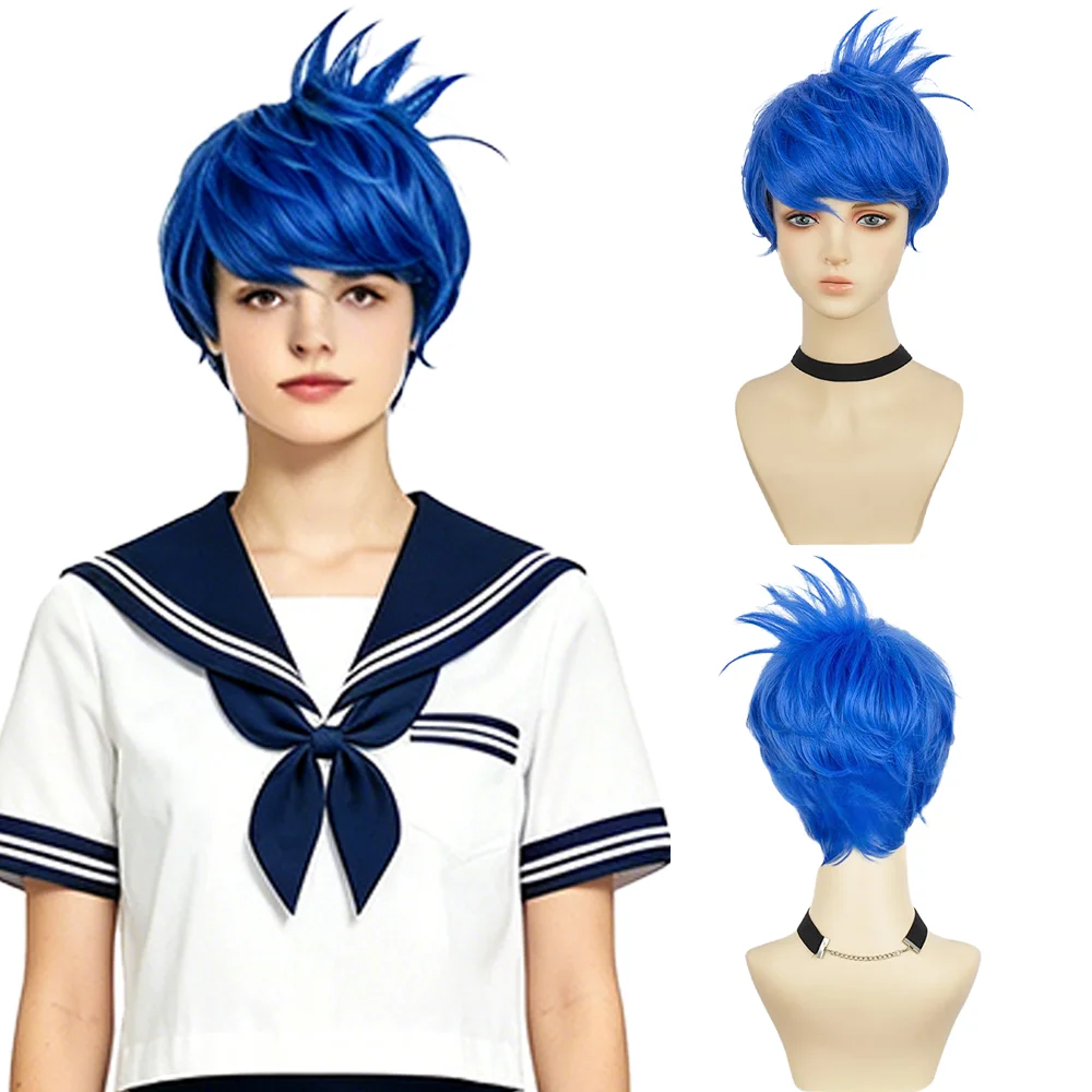 Unisex Short Spiky Blue Joy Cosplay Wig Anime Heat Resistant Synthetic Full Wig For Men Women Halloween Party Costume Daily Wear