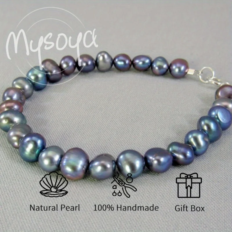 

MYSOYA 8-9mm Black Baroque Freshwater Pearl Bracelet For Women And Men With Gift Box Birthday Wedding Christmas Jewelry Gift