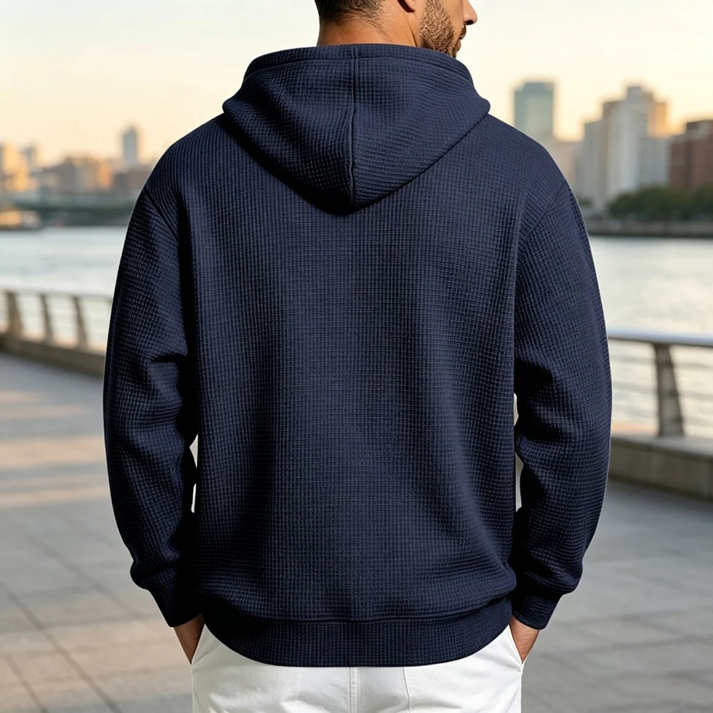 Men's Summer-Ready Waffle Knit Half-Zip Hooded Sweatshirt Featuring Drawstring Waist and Front Pocket for Mobility