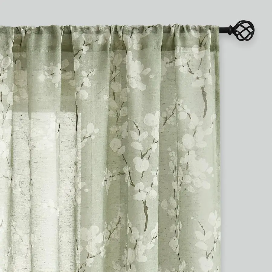 

Льняные полупрозрачные шторы для спальни, шторы с принтом цветов шалфейно-зеленого цвета длиной 84 дюйма для гостиной, шторы в стиле фермерского дома с цветочным узором