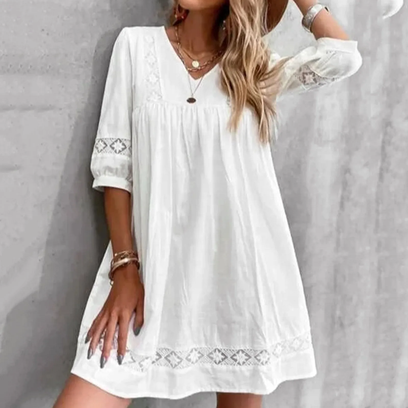 

Women Casual Summer White Lace Dress Hollow Crochet Bohemian Holiday Dress V Neck Half Sleeve Beach Dress Loose Boho Sundress