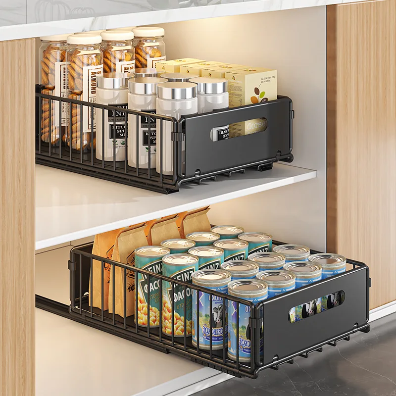 Kitchen Drain Rack, Pull-out Storage Rack for Seasonings, Snacks, Bottles, Cans, Cabinets, Layered Shelves