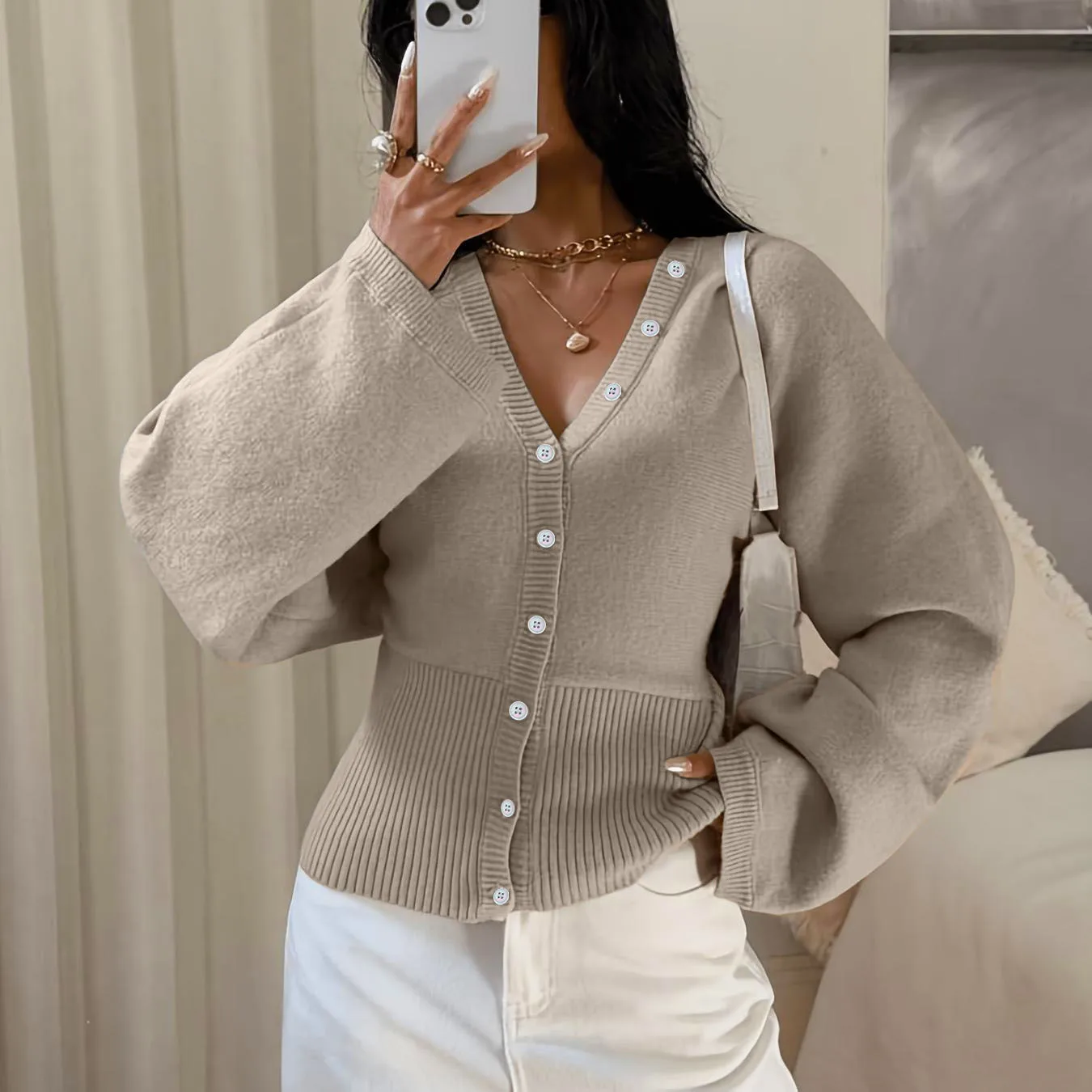 Picture 7: Women's pure-colored ribbed trimmed knitted cardigan, suitable for casual and elegant dating, suitable for spring and autumn