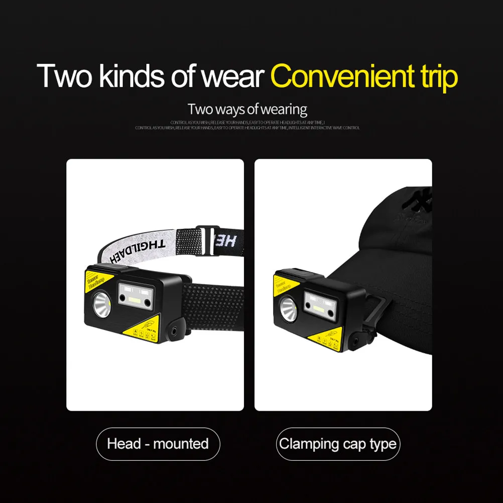 USB Charging Waterproof Headlamp Sensor LED High Brightness Black Yellow for Camping Fishing Running Outdoor Night Use