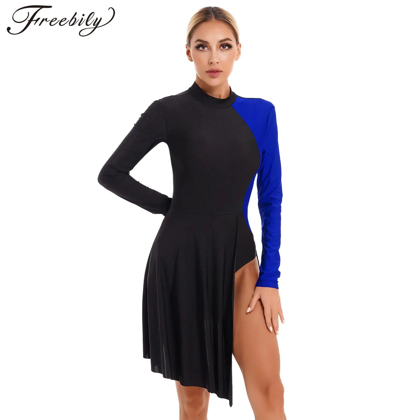 Womens Color Block Ballet Dance Dress Gymnastics Leotards Long Sleeves Mock Neck Figure Skating Dress Ballroom Dancewear