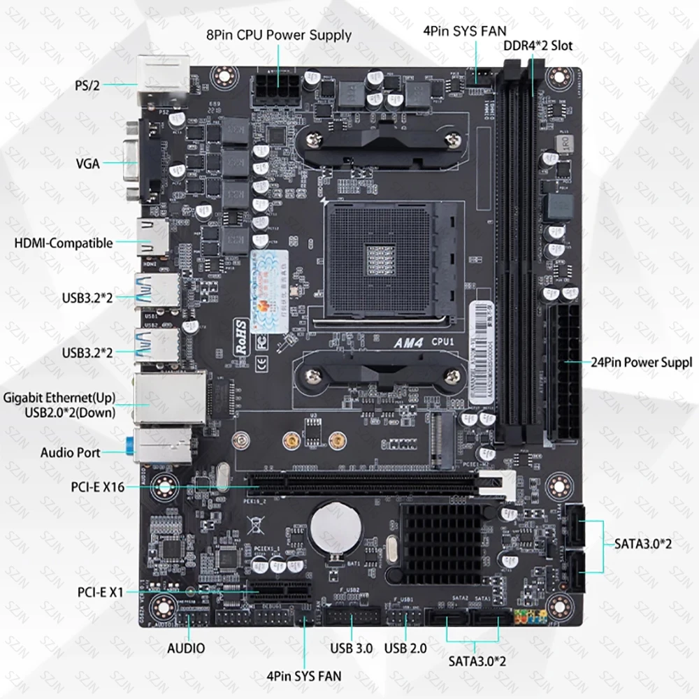 A520 Motherbaord CPU Set with Ryzen 3000/5000 DDR4 Dual Channel Max 64GB Support M.2 NVME SATA 3.0 Gaming Mothweboard Kit