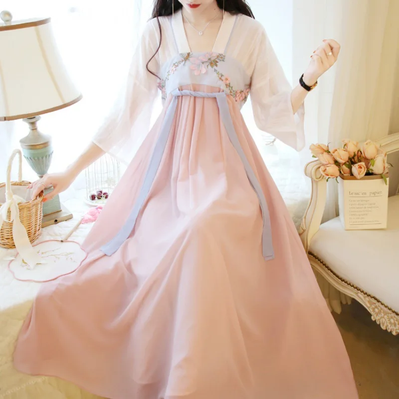 

2023 Chinese Improved Hanfu Dress Summer Female Embroidered Ancient Style Costume Fairy High Waist Chiffon Long Dress Vestidos