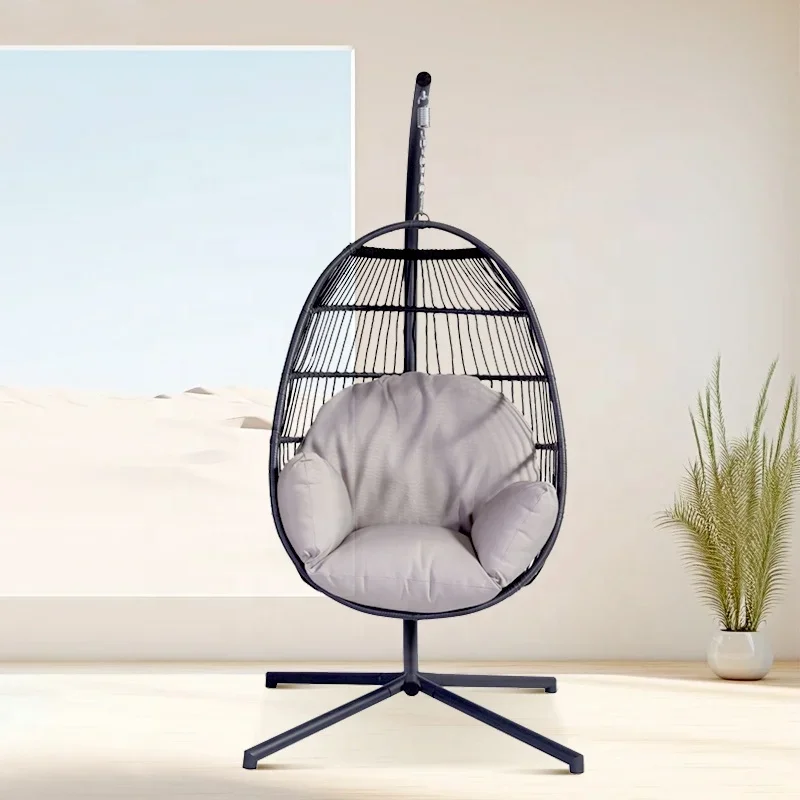 Folding Safety Leisure Garden Metal Frame Wicker Hammock Hanging Outdoor Patio Rattan Round Seat Swing Chairs with Stand