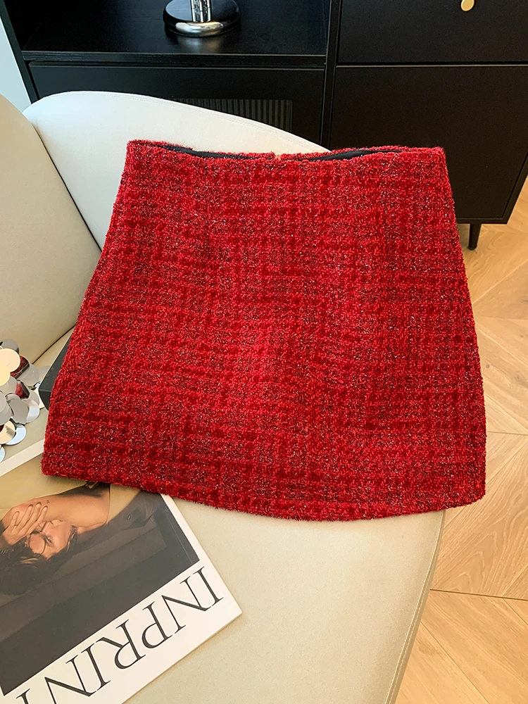 Women Red A-line Wrap Skirt Vintage 2000s Mini Woolen Skirt Harajuku Korean Style Y2k Skirts New Year Clothes Spring Summer 2026