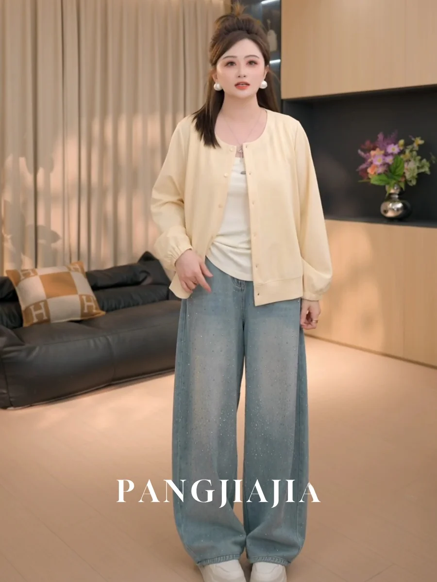 

Fashionable Crystal Embellished Loose Jeans for plus Size Women Summer Trendy Diamond Decorated Casual High Waist Straight Leg