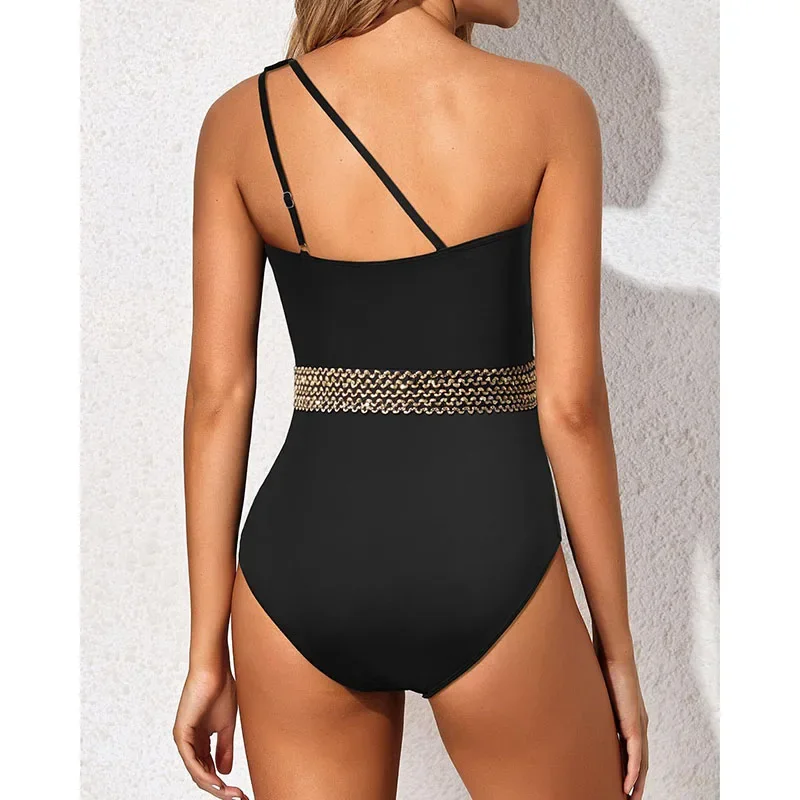 Traje de baño de una pieza con estampado asimétrico de un solo hombro, traje de baño de Bikini de cintura alta para mujer