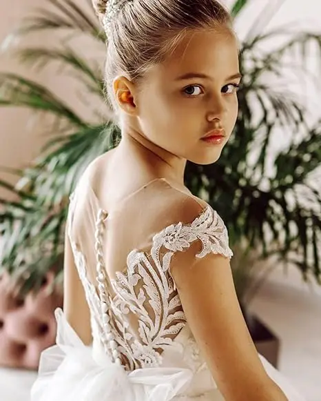 2024 Lace Flower Girl Dresses For Wedding Party 3-9 Years Bow Tie Back Princess Girls Dress For Kids Robe Princesse Enfant