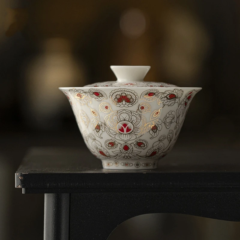 Golden And Red Gaiwan Set For Tea Porcelain Chinese Jingdezhen Tureen Teaware Bowl Kung Fu Tea Chawan Cups Lily Deng