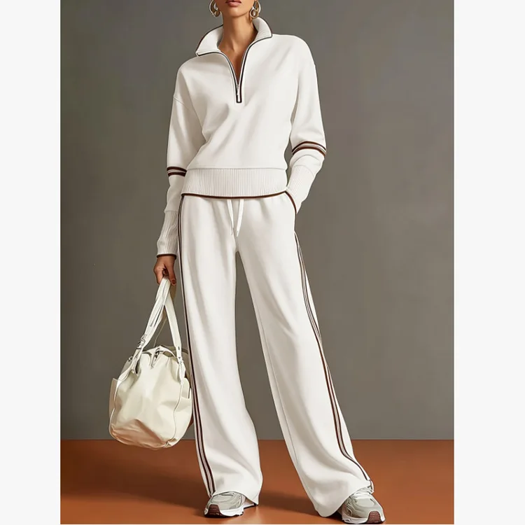 Women Quarter Zip Sweatshirt Wide Leg Pants Set Striped Trim Casual Loungewear 2 Piece Outfit for Everyday Wear and Relaxed Days