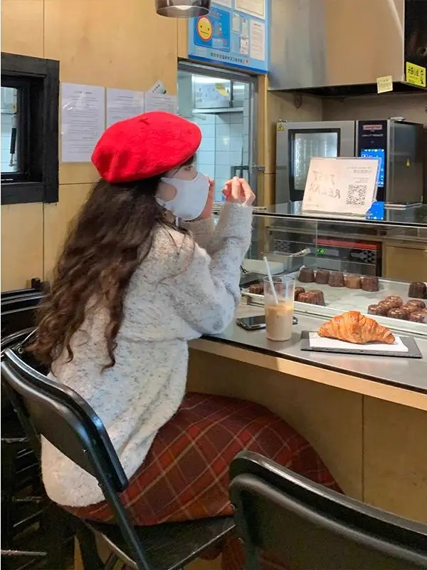 Gonna a trapezio scozzese di lana rossa Donna Inverno 2025 Nuova vita alta Dra Slim Fit Gonna lunga avvolgente Casual Home Out...