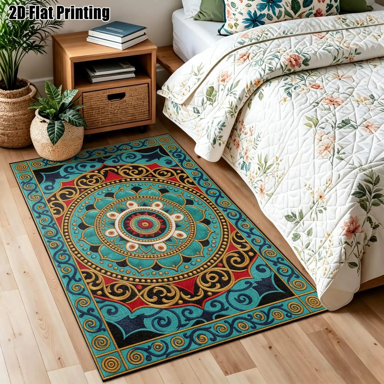 1Pc 2D Printed Mandala Carpet: Blue, Red, Gold, European/Bohemian/Vintage Geometric Decor, Home Decor, Multi-Size, Machine Washable, for Entrance, Dining, Foyer, Bedroom, Living Room