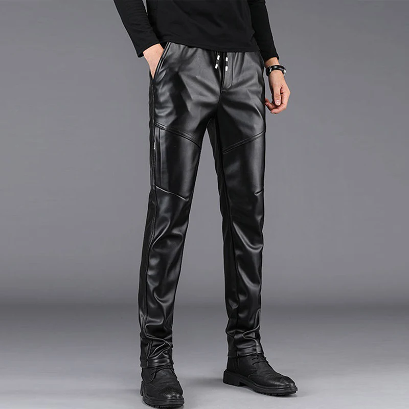 

2022 Autumn Winter Men's Faux Leather Pants Fashion Casual Thickened Cashmere Warm New Trendy PU Trouser Motorcycle