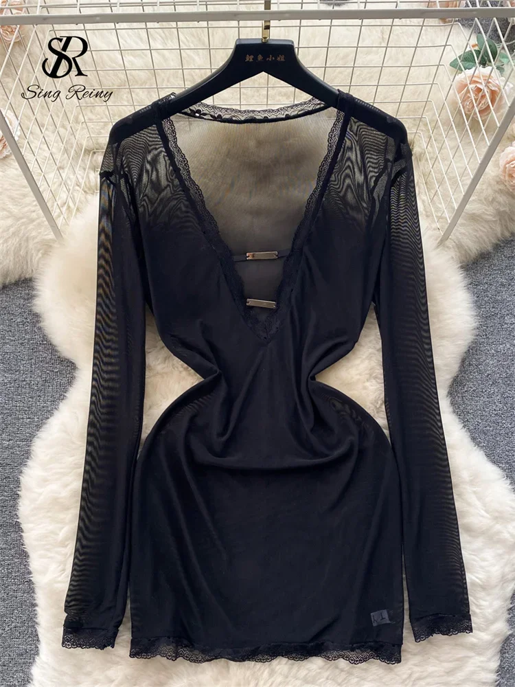 

SINGREINY Women Sensual Sheer Mesh Bodycon Dress Long Sleeve French Slim V Neck Dress Female Thin Erotic Short Club Sexy Dress
