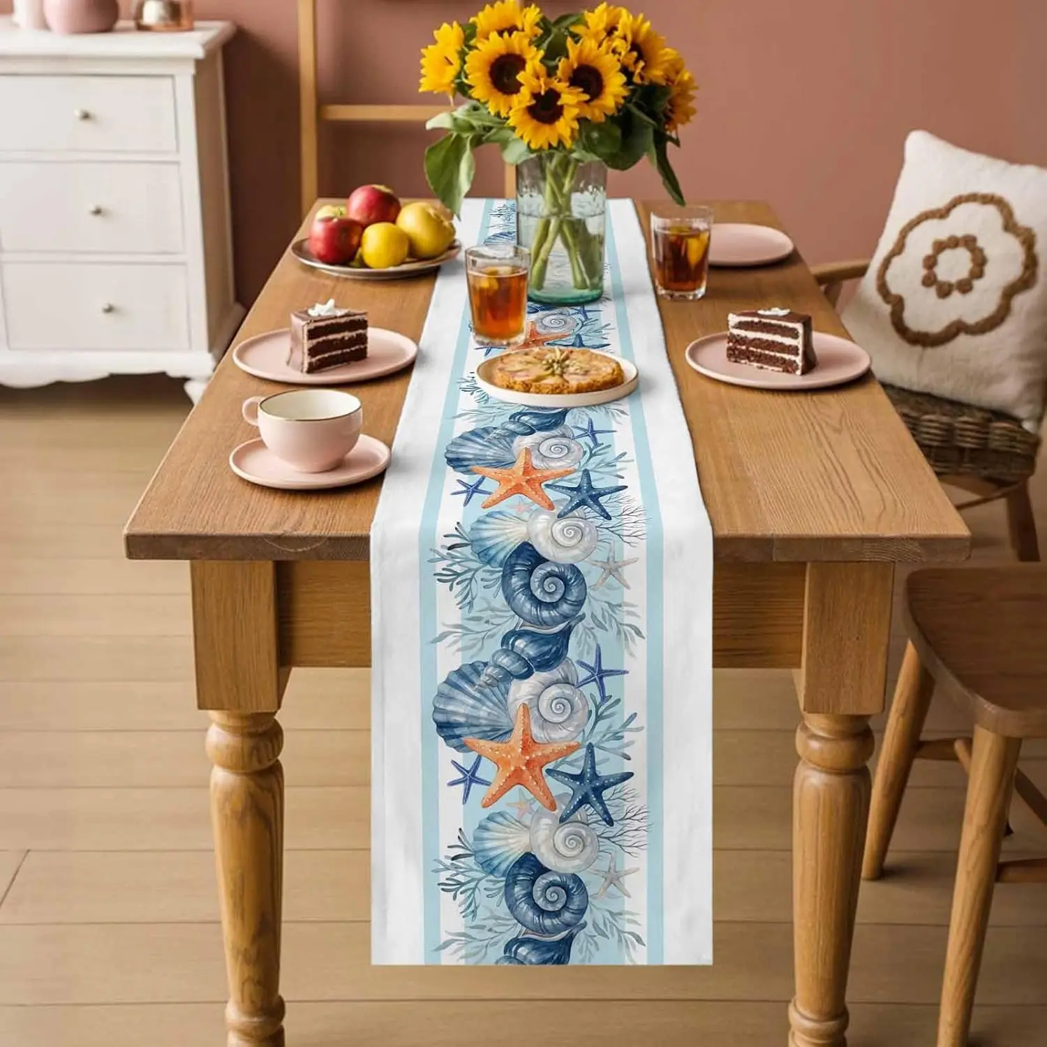 Nautical Coastal Linen Table Runner Home Decoration Summer Marine Coral Starfish Conch Kitchen Table Runners Holiday Party Decor