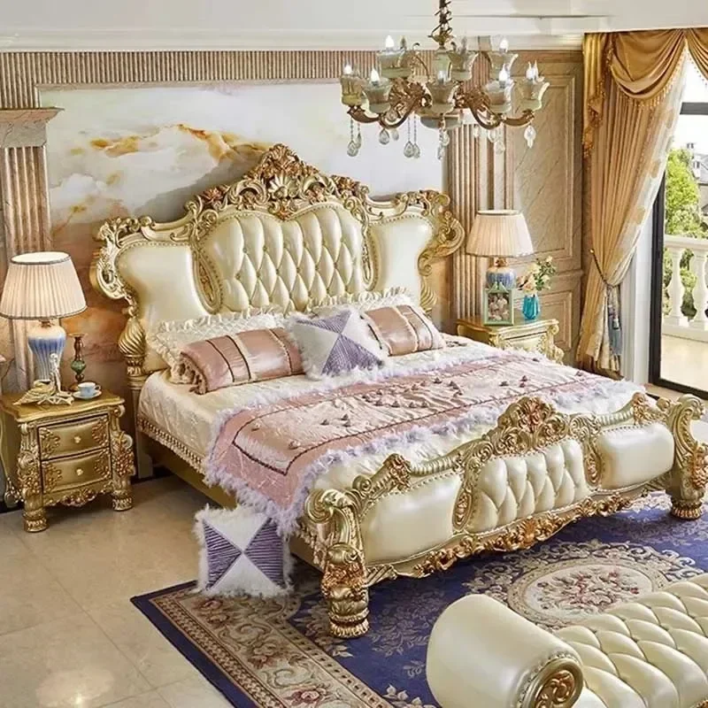 Replica Gold Modern Bed Frame Waterproof Wood Luxury Bedroom Bed Double Full Size Headboards Simple Beliche Trendy Furniture