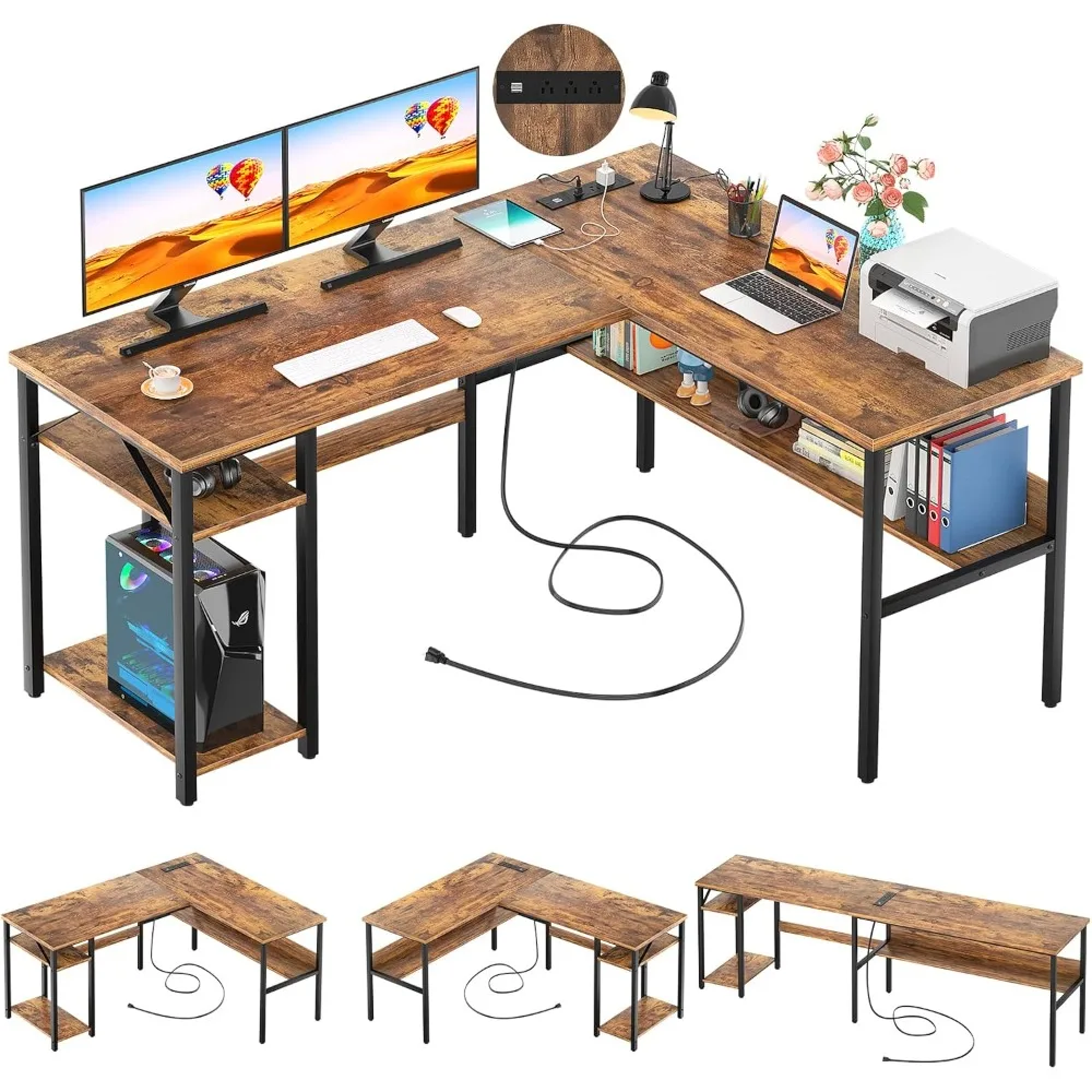 

L Shaped Computer Desk with Magic Power Outlets and USB Charging Ports, Sturdy Reversible Corner Desk with Storage Shelves, Mod
