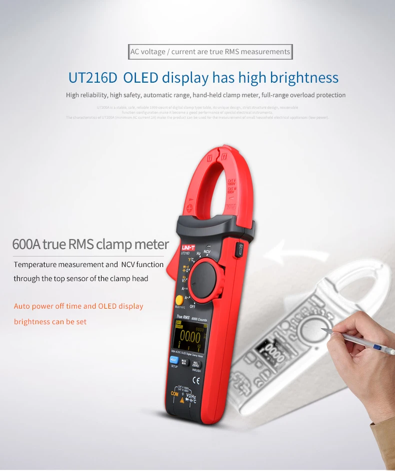 UNI-T UT216C 600A Digital Clamp Meters AC DC Current Auto Range Multimeters NCV V.F.C Diode LCD Flashlight Temperature Tester