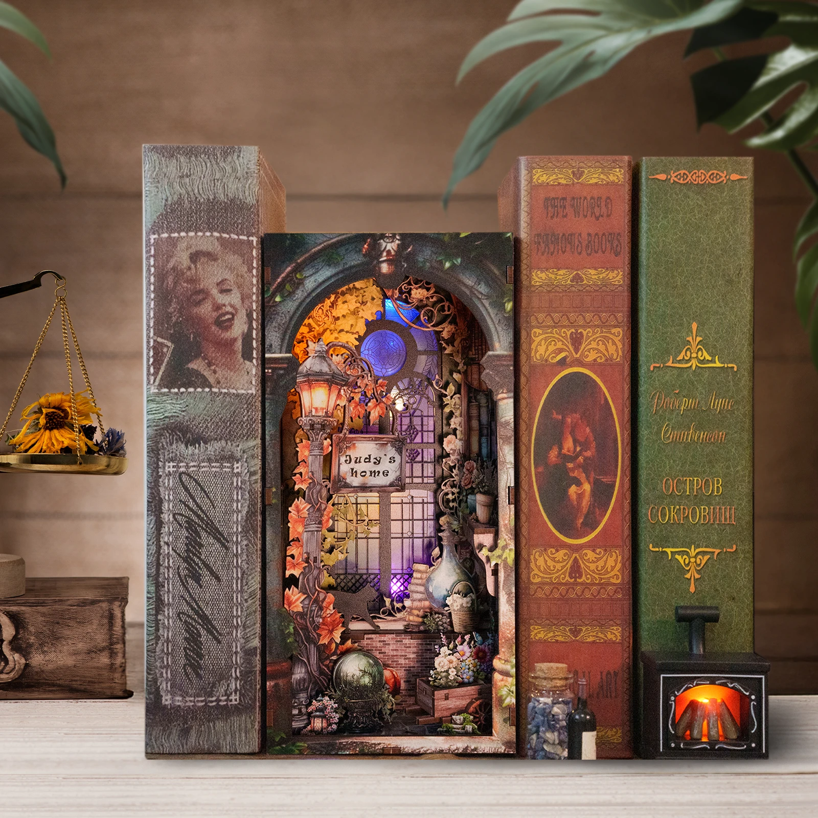 DIY Boekenhoekje Houten Miniatuur Model Kits Judy's Magische Wereld Boekensteun 3D Puzzel met LED Licht voor Vrienden Verjaardagscadeautjes