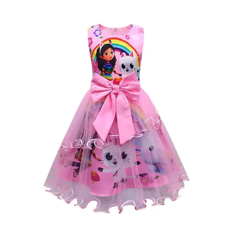 2025 New Summer Gabbys Dollhouse Costume For Baby Girl Lace Dress Fashion Kid Up Bow Print Princess Frock Children Tunic Clot AA