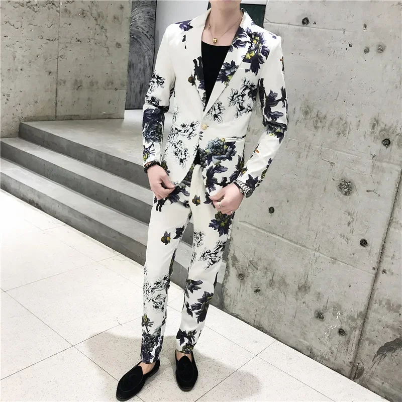 

(Jackets+Pants) Printed Blazers+trousers Set Men Spring Slim Fit Business Casual Suit of Two Pieces Groom Wedding Dress