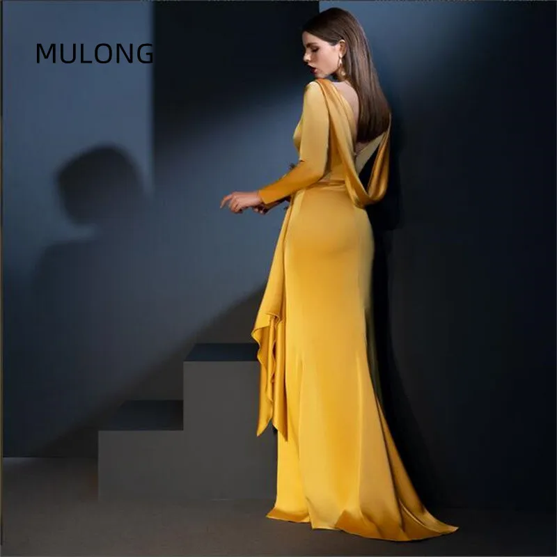 Vestido de noche amarillo MULONG para madre de la novia, cuello en V, mangas completas, satén, abertura alta, personalizado, talla grande