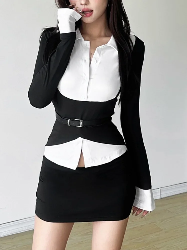 Harajuku Fee Sexy Slim Fit Grunge Blusas Y2k Esthetische Nep Twee Stukken Vrouwen Shirt Herfst Vintage Single Breasted Riem Blouse