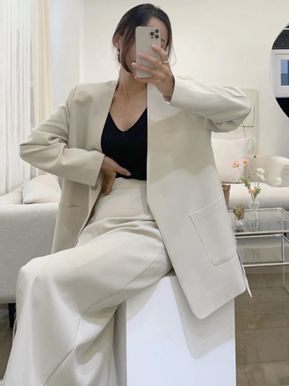 

Ele V-Ne Belted Suit Jaet And High Waist Split Skirt Set Women's Faion Autumn Collection Belted Suit Outerwear