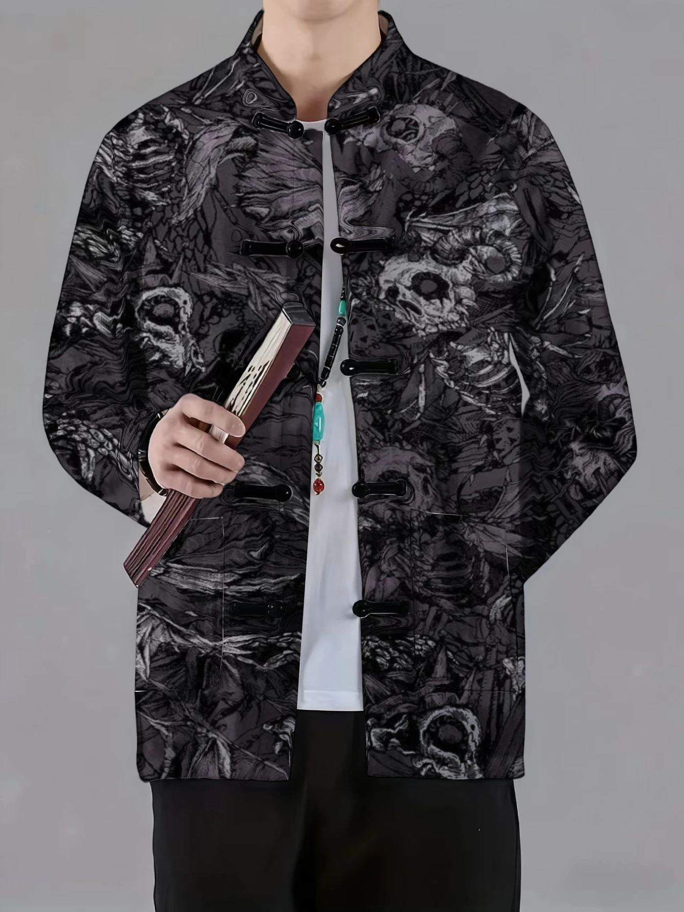 Men Mandarin Collar Frog Button Jacket Abstract Floral Skull Dragon Butterfly Art Print Traditional Outerwear