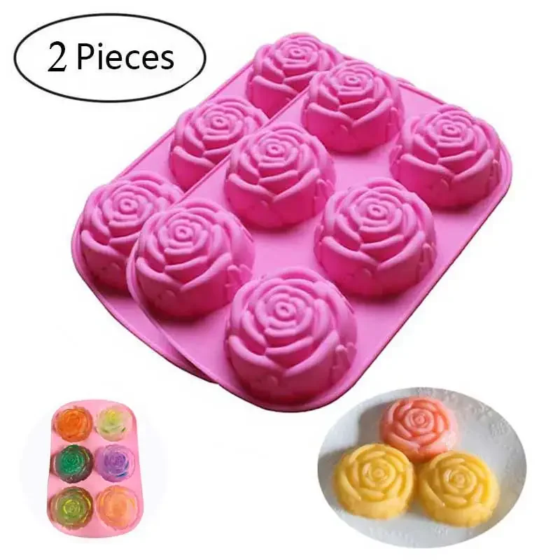 2Pcs Rose Flower Silicone Mold Tray Handmade Soap Cake Ice Cream Chocolate Mold  3D Cupcake Bakeware Kitchen Baking Accessories