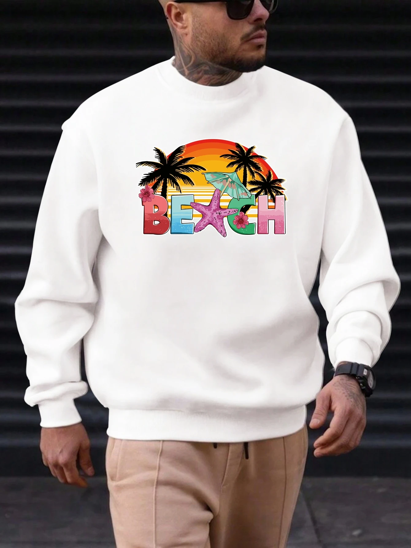 

Men's Cotton Round Neck Sweatshirt BEAHC Pattern Printing 2025 New Trending Fashion Casual High Quality Top Clothing