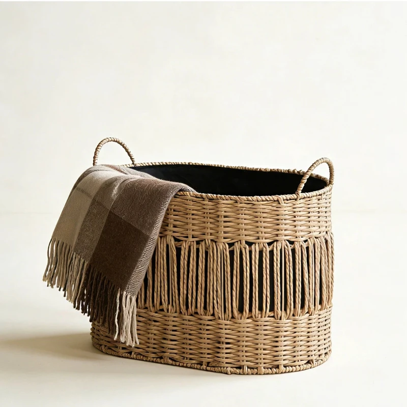 Elegant Nordic Imitation Rattan Woven Storage Basket, Laundry Clothes Storage Organizer, High-End Handled Basket for Home Usage