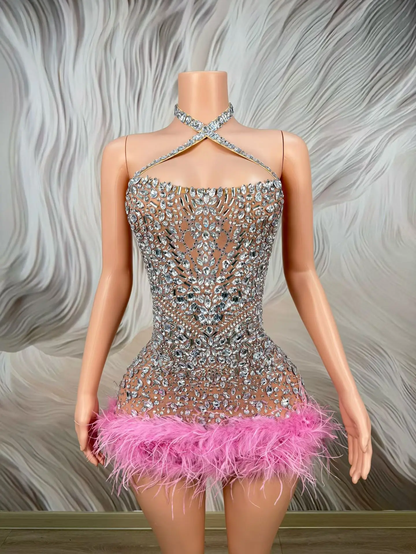 Taohua Sparkling Rhinestone Halter Neck Mini Dress with Pink Feather Hem Sheer Mesh Bodycon Clubwear for Party Birthday
