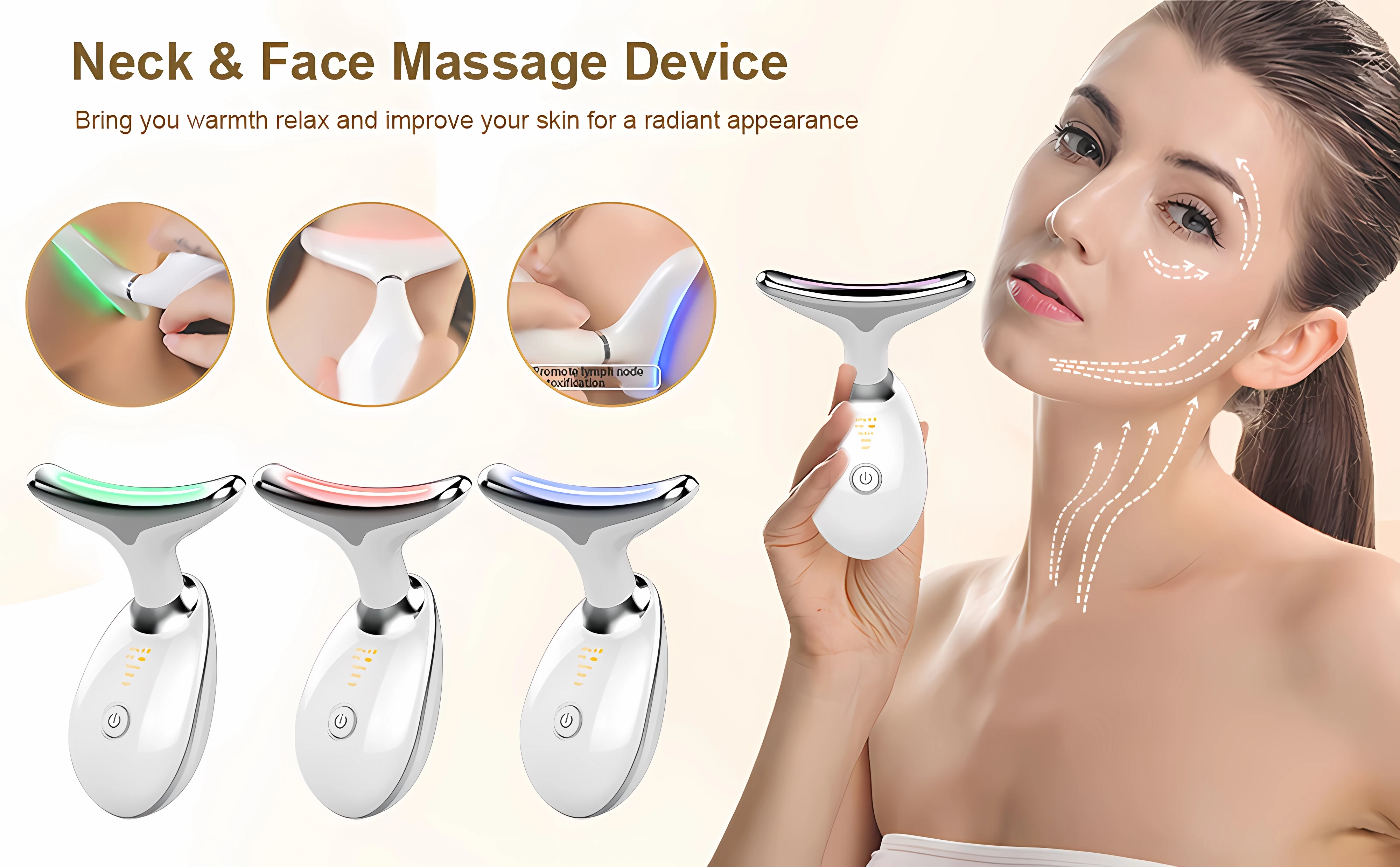 목 미용 기기 EMS 마이크로 전류 3 색 라이트 퍼밍 및 회춘 피부 이온 임포터, 목 라인용 페이셜 리프팅