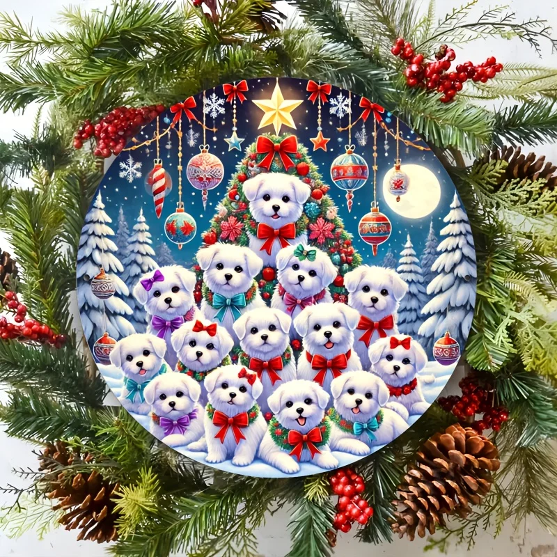 Room Decor Christmas Puppy Metal Tin Sign, Round Aluminum Wall Art Decoration, 20x20 Inches, with European and American Style El