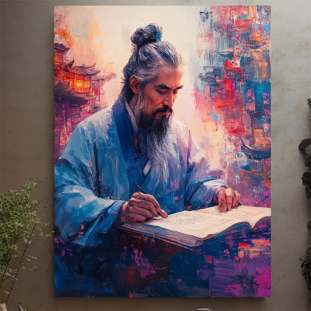 (No frame)1pc 12x16 Inch Abstract Confucius Painting Canvas Print - Vibrant Colors, Dynamic Brushstrokes, Recycled Wood Frame