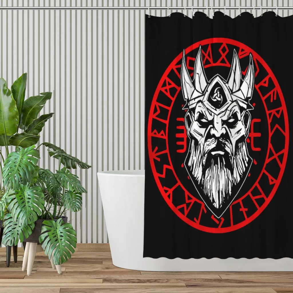 Black and Red Vegvisir Warrior Bathroom Shower Curtains Norse Mythology Viking Waterproof Partition Home Decor Accessories