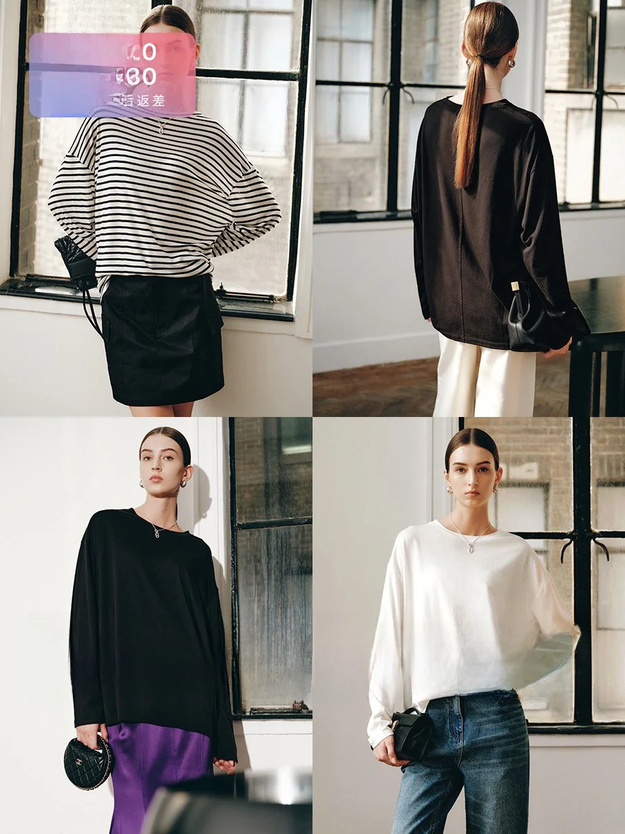 

Amyy Studios Silk Wool T-irt Women's Spring Summer Autumn Versatile Loose Long Sve Top Wide Fit Ele Casual Knitwear