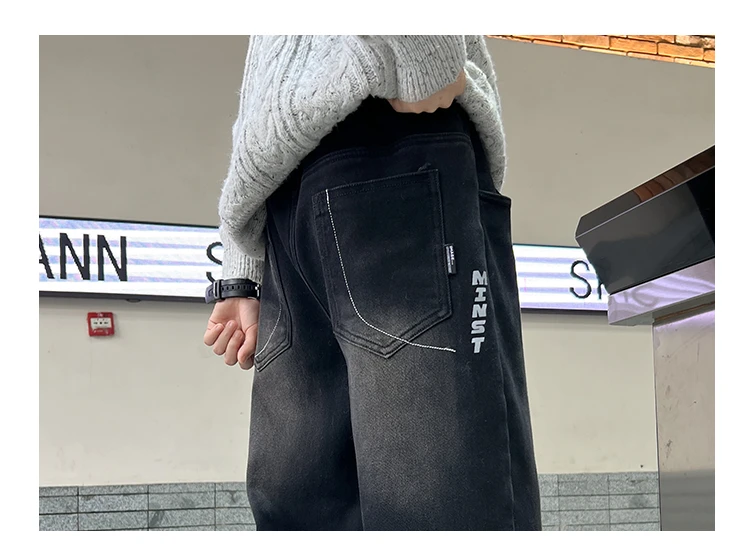 Schwarze Jeans für Teenager und Kinder, Frühling/Herbst, Retro-Verlauf-Design, gerade Passform, Denim-Hose, stylische weite Hose für Jungen, 5-14 Jahre – Detail 11