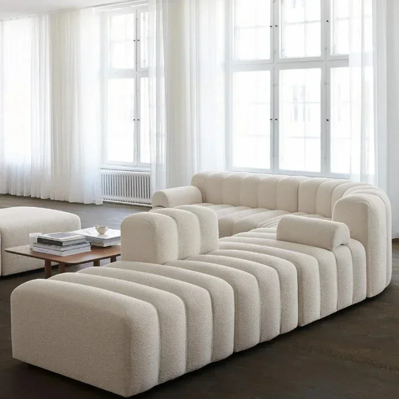 

French Style Mid-Ancient Cream White Fabric Module Sofa Piano Keys Silent Wind Arc Corner Sofa Combination Living Room