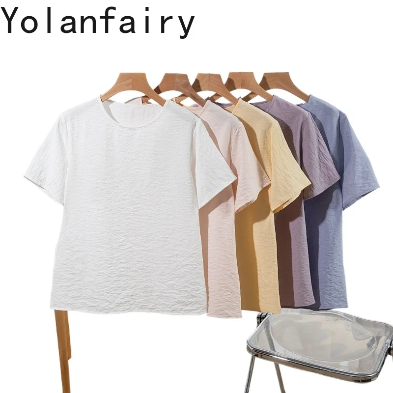 

YOLANFAIRY High-end 76% Mulberry Silk T Shirts for Woman Dry Silk Summer White Top Tee Shirt Femme Short-sleeved Tshirts 여성티셔츠